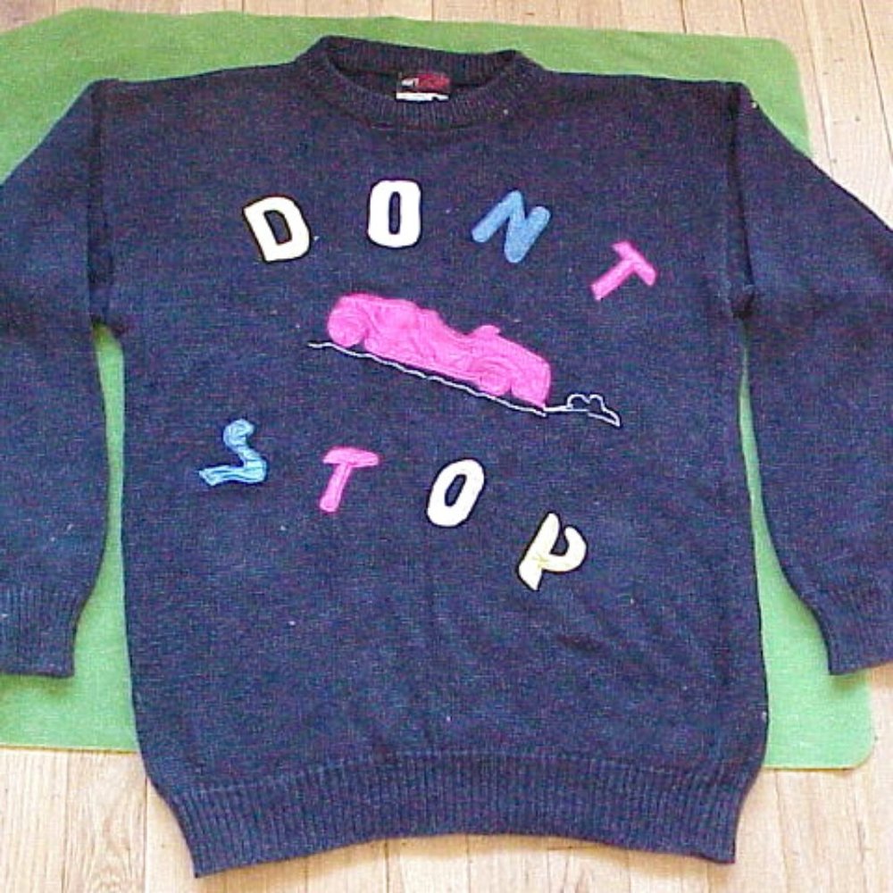 VTG 80s Cotton Ramie Sweater w/"Don't Stop" Spell Out Logo Appliqué L/Large Punk